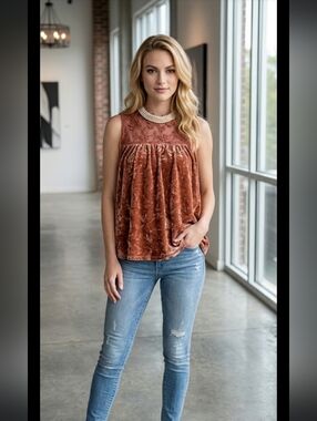 #21 Solitaire Sleeveless High Collar Babydoll Style Velvety Top, Rose, Small